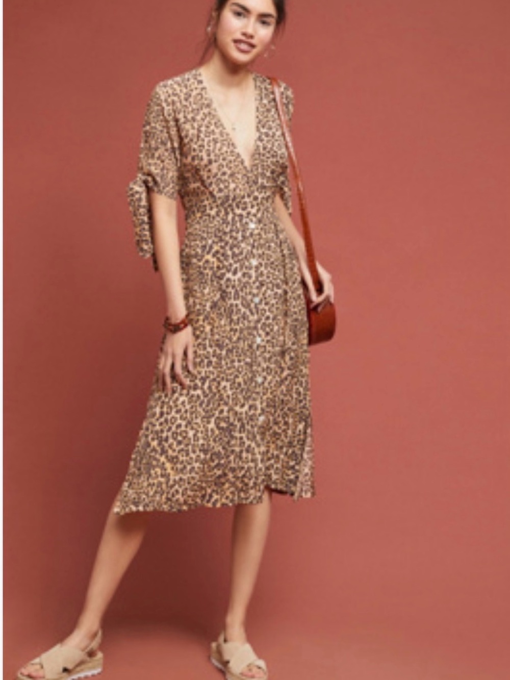 Faithfull The Brand Chloe Midi Dress Mila Animal Print Button Front V Neck